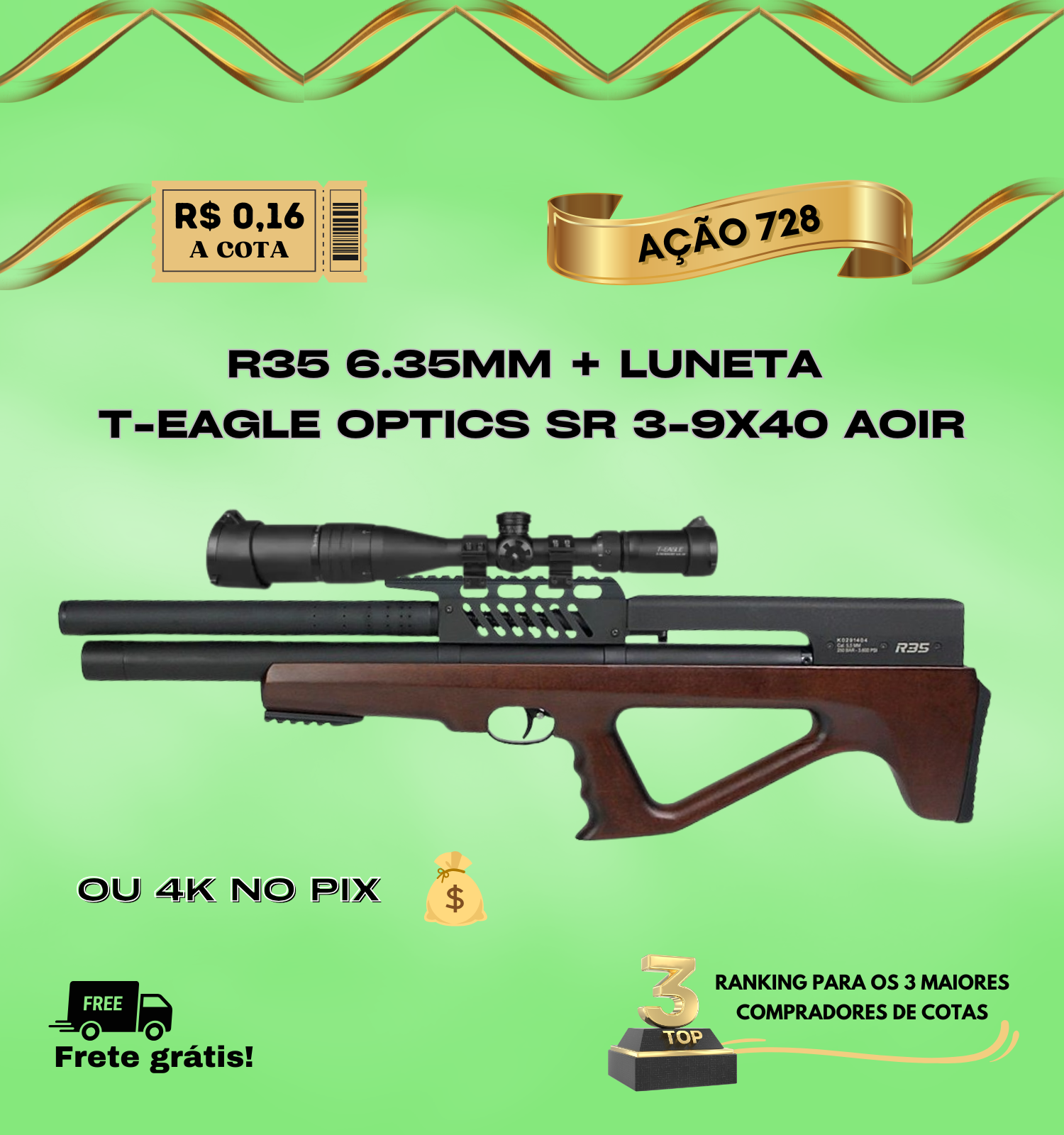 R35 6.35MM + LUNETA T-EAGLE OPTICS SR 3-9X40 AOIR OU 4K - RIFA 728